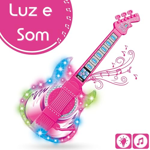 Guitarra e Microfone Infantil Instrumento Brinquedo Musical com Luz e Som Pedestal Karaokê Conecta C