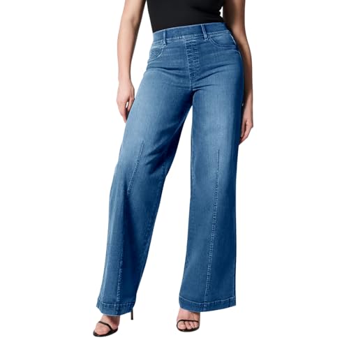 Image of Runstarshow Wide Leg Jeans for Women UK High Waisted Elastic Waist Ladies Straight Leg Jeans Denim Pull On Trousers Baggy Pants Plus Size S-4XL / UK 8-20