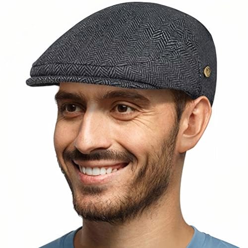 Men's Herringbone Flat Newsboy Hat Tweed Gatsby Cabbie Ivy Classic Golf Cap for Husband,Father & Boyfriend, Dark Gray, XL