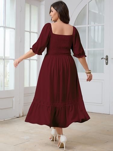 Image of SCOMCHIC Women's Plus Size Boho Maxi Dress Short Sleeve Square Neck Smocked Flowy A-Line Lace Trim Wedding Guest Dresses