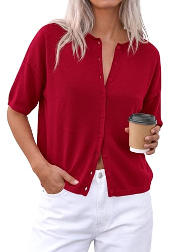 PRETTYGARDEN Women's Short Sleeve Cardigan Sweaters (Red,Large)