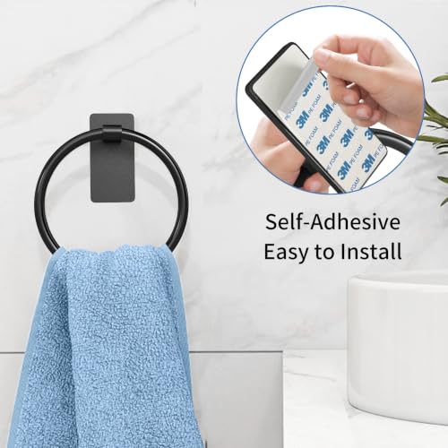 Image of STWWO Black Hand Towel Holder for Bathroom, Adhesive Towel Rings, 2 Pack | Self Adhesive Round Towel Holder for Bath RV Kitchen, No Drill Hole