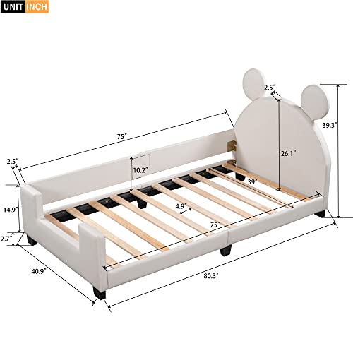 Twin Size Pu Leather Upholstered Daybed With Ears Shaped Headboard, Wood Platform Bed For Kids Boys Girls Bedroom, Living Room,White #TOP1