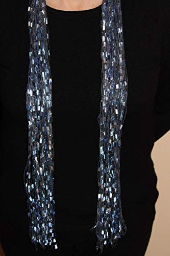 Scarf Necklace Lariat Strands Blue Silver Ladder Yarn #TOP1