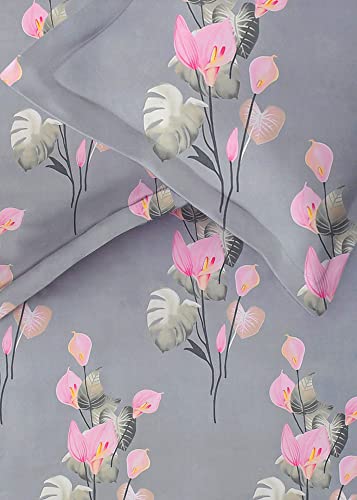 Image of HOMEKART Premium Cotton Elastic Fitted Bedsheets with 2 King Size Pillow Covers Double Bed with All Around Elastic Supersoft Size - 72 x 78 +10 inches Flower Print Pink and Grey 200 tc - 220 tc