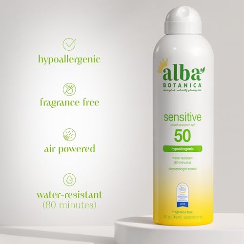 Alba Botanica Sensitive Sunscreen Spray for Face and Body, Fragrance-Free, Broad Spectrum SPF 50, Water Resistant, 5 fl. oz. Bottle