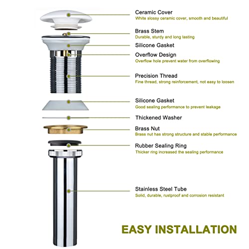 Bathivy Bathroom Sink Drain With Overflow, White Pop-Up Drain Stopper, Bathroom Lavatory Vanity Sink Drain Strainer, Vessel Sink Drain Assembly, Brass And Stainless Steel Drainer With Porcelain Cap #TOP3