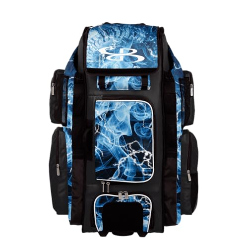 Boombah Superpack XL Rolling Bat Bag - 35.5" x 13.5" x 10" - Telescopic Handle - Holds 8 Bats - Wheeled Version - The Natural 3 Black/White/Columbia Blue