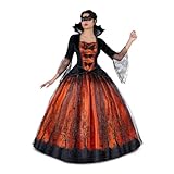My Other Me - Disfraz Reina de Halloween Mujer, talla XL. Incluye vestido con mangas de encaje con telarañas, falda naranja con murciélagos, enaguas y antifaz negro. Elegancia oscura encantadora.
