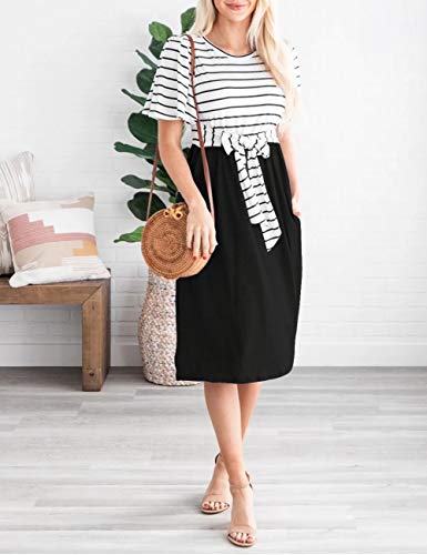 Merokeety Women's Summer Striped Ruffle Sleeves Tie Waist Crew Neck Casual Swing Midi Dress Black #TOP7