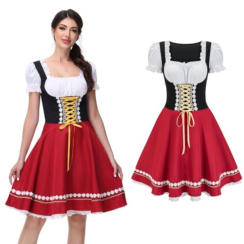 Regenboog Oktoberfest Costume Women,Long Bavarian Dirndl Dress Women,Halloween Dirndl Dress,Beer Maid Outfit,Red,L