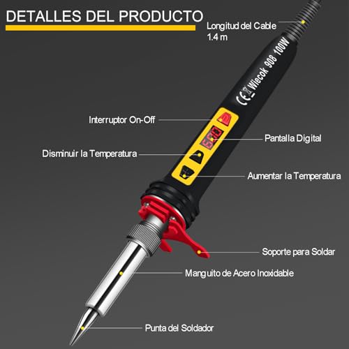 Miniatura 3 de 100w Kit Soldador De Estaño, Wiecok Soldador Digital Con Pantalla Lcd Y Temperatura Ajustable 200 -600 , Interruptor On Off, 5 Puntas De Soldadura, Alambre De Soldadura 15g- Negro
