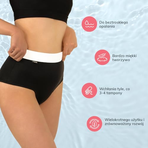 MYLILY Bikini damskie czarne | Bikini z wysokim stanem i białym paskiem | Bikini z wysokim stanem | Strój kąpielowy na okres | Kąpielówki na okres czarno-białe (S)