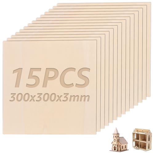 WOPPLXY 15 Piezas de Madera de Balsa, Tablero de Aglomerado de 300 x 300 mm, Tablero de Contrachapado Cuadrado de 3 mm para Modelos de Bricolaje, Proyectos Láser, Pintura, Artes y Manualidades, Decora