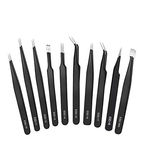 Precision Tweezers Set, 10pcs ESD Tweezers Tools Kit, Anti-Static Stainless Steel Tweezers Kit