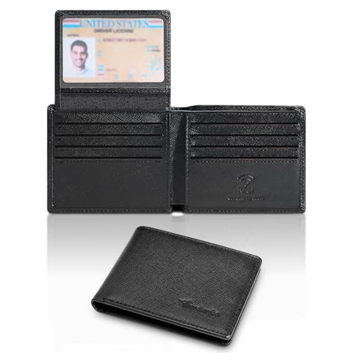 Travelambo 100% Genuine Leather Wallet for Men with Gift Box - Handmade Bifold Stylish - Rfid Wallet for Men with 2 ID Windows Cross Texture