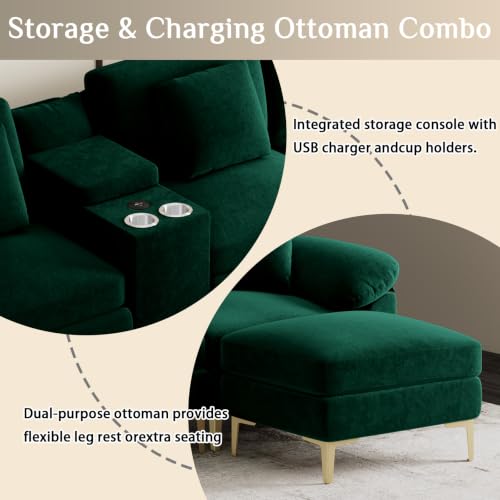 Image of OUYESSIR U-Shaped Sectional Sofa Couch, 4 Seat Sofa Set for Living Room, Convertible U-Shaped Velvet Couch Set with USB Port Central Console Ottoman,128 inches (Emerald Green)