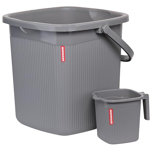 Modware Square Ribbon Plastic Bucket Set with Mug | 20 L Bathroom Bucket with Handle + 1L Mug | Heavy-Duty Polypropylene + Co-Polymer | Stylish & Durable Bath Set (Grey)