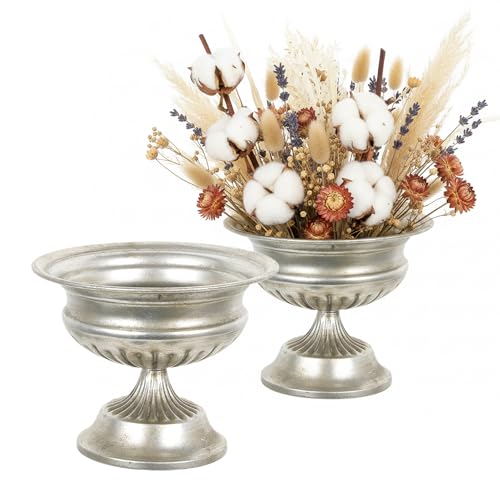WORTH Small Urn Vases for Centerpieces Set of 2, Classic Metal Trumpet Flower Pots for Table, Bowl Vase for Wedding Party Event Home Deco (Silver, 7.8