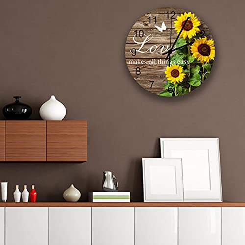 Sunflower Wall Clock Silent Non Ticking, Love Positive Quotes Vintage Wood Grain Farmhouse Clock, Battery Operated Quartz Wooden Round Wall Clocks Decorative For Living Room/Kitchen/Office 12 Inch #TOP2