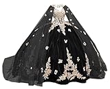 TRHTX Princess Velvet Quinceanera Dresses with Cape Sparkly Gold Butterfly Appliques Sweet 16 Dresses Lace Ball Gown Size 10,Black