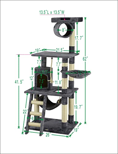 Go Pet Club 62" Classic Cat Tree Cat Tower Cat Condo for Indoor Cats with Scratching Posts, Condo, Ladder, Soft Perch, Hammock, Basket Bed, and Tunnel Cat Activity Center Furniture, Gray - Thumbnail 5