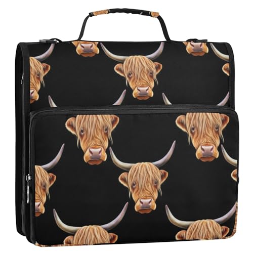 1.5インチ 3リングバインダー 高耐久 かわいい ハイランド 牛頭 ブラック ジッパーバインダー オーガナイザー キーパー バインダーバッグ ストラップ付き 学校用 カートゥーン 収納 ポートフォリオ ケース ハンドル付き