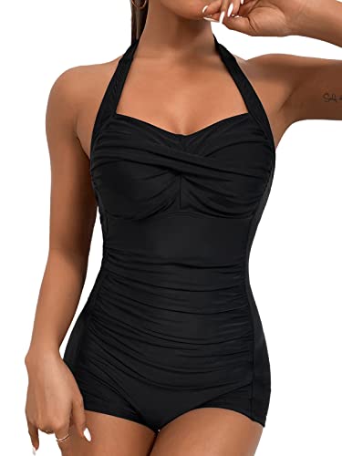 Molybell Boyleg Ruched Swimsuit Tummy Control Solid Monokini Boyshort Swimsuit Halter Vintage Bathing Suit Athletic Training One Piece Swimwear cover