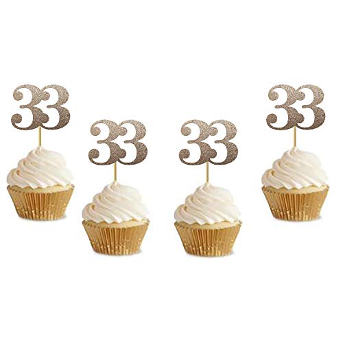 Glitter Rose Gold Number"33" Cupcake Toppers 33Rd Birthday Party Anniversary Party Cupcake Toppers, 20 Pack #TOP26