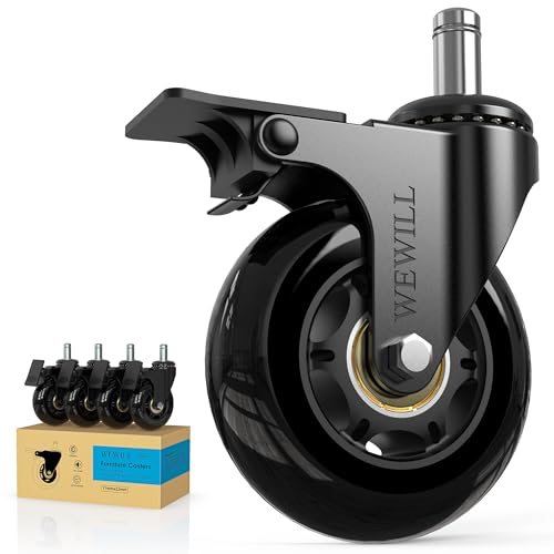 WEWILL Office Chair Wheels - Rubber Casters Replacement Universal Fit 98% Chair(Set of 5) Heavy Duty 3 Inch Smoothly & Quietly Safe for All Floor, Hardwood, Tile, Carpet, Noise Free - Glossy Black
