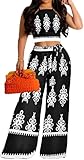 Elegant Two Piece Sets Vacation Outfits for Women Sexy Black White Print Crop Top Long Straight Pants Swimwear Beachwear Outfits with Pockets(Medium)