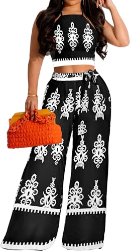 Elegant Two Piece Sets Vacation Outfits for Women Sexy Black White Print Crop Top Long Straight Pants Swimwear Beachwear Outfits with Pockets(Medium)