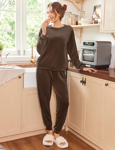Ekouaer Womens Pajamas Sets Long Sleeve Soft Sleepwear 2 Piece Velvet Pjs Lounge Sets with Pockets