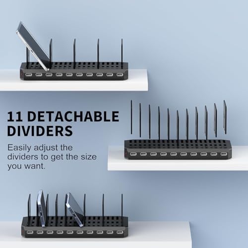 Image of Multi Charging Station, 10-Port USB Charger for Multiple Device with SmartIC Tech and Adjustable Dividers, Organizer Stand Compatible with iPad, Tablet, Kindle, iPhone Speakers (10Port USB)