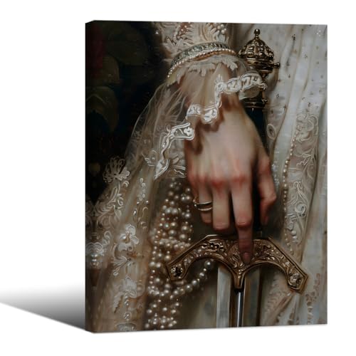 Dark Moody Victorian Poster Retro Antique Gothic Wall Art Vintage Lace Hand Holding Sword Painting Canvas Prints 08x10 inch Framed for Home Bedroom Wall Decor