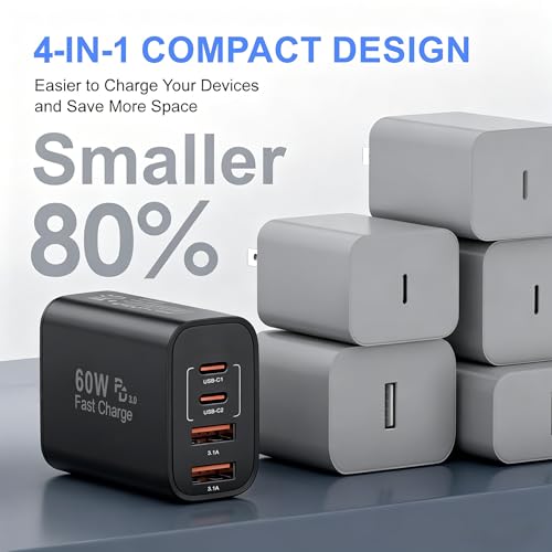 Image of USB C Charging Block,60W 4-Port USBC Wall Fast Charger Block,Type C Charger Fast Charging Brick,Multiport Charger Plug Power Adapter for iPhone 17 /Air /16 /15 /14 /13 /12 /11 Pro Max,iPad Pro /Air /Mini-Black