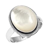 Jeweloporium White Mother Of Pearl Silver Ring Size X, 925 Sterling Silver Ring for Women, Genuine Oval Gemstone Boho Jewellery