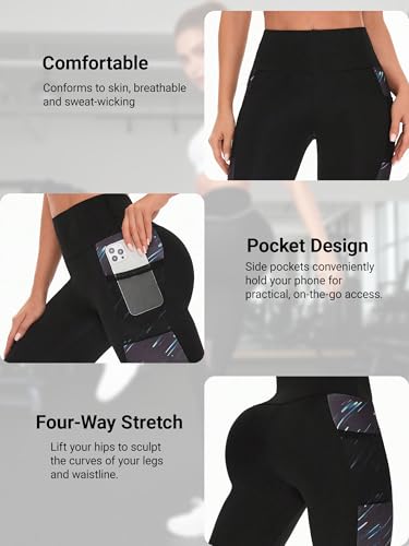 High Waist Black Workout Leggings for Women, Side Pocket & Stylish Gradient Stripe Design for Running Gym Fitness(Black S), Black, Medium - Image 4