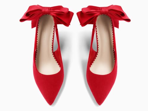 Image of Coutgo Womens Slingback High Heels with Bow Closed Pointed Toe Wedding Bride Dress Shoes Satin Pumps