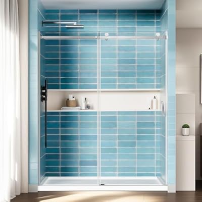 56-60"Wx72"H Frameless Reversible Single Sliding Shower Door, 1/4" Clear SGCC Tempered Glass& Shatter Proof Film , 304 Stainless Steel Hardware, Water Protection Seal Plus Glass-fixing Aluminum Stripe