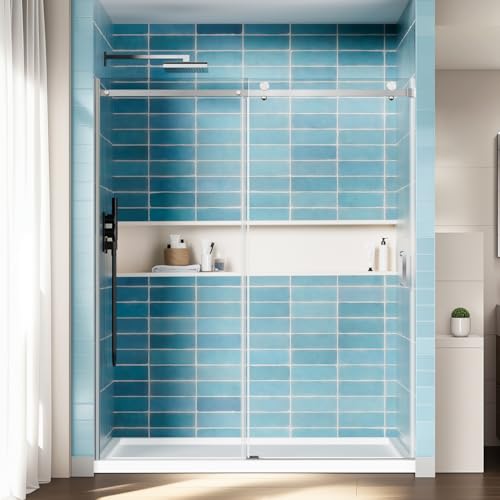 56-60'Wx72'H Frameless Reversible Single Sliding Shower Door, 1/4' Clear SGCC Tempered Glass& Shatter Proof Film , 304 Stainless Steel Hardware, Water Protection Seal Plus Glass-fixing Aluminum Stripe