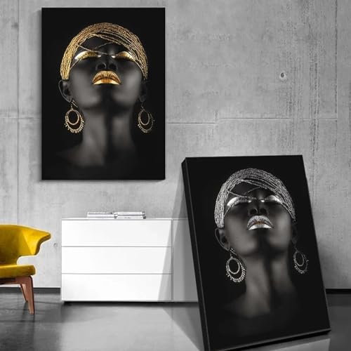 Portrait femme noire africaine toile dorée argentée salon 50x70