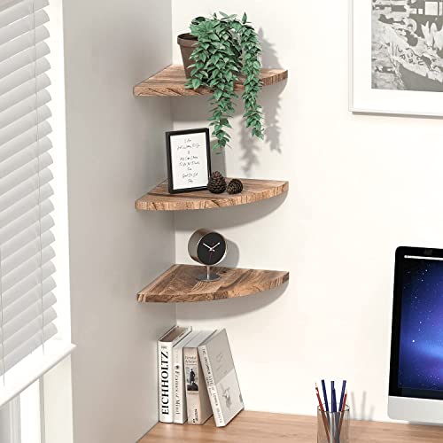Delfoy Wall Mounted Rustic Wood Round Edge Corner Shelf Storage Rack, Bookcase, Floating Shelves Home Decor For Bedroom, Living Room, Office And Kitchen, Set Of 3 (Round Edge) #TOP3