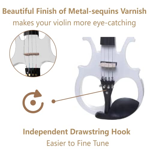 Electric Violin, Mirio White Full Size 4/4 Vintage Solid Wood Metallic Electric/Silent Violin With Ebony Fittings For Beginner Student #TOP3