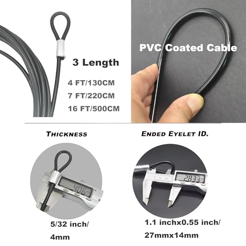 Image of 16FT 4mm Stainless Security Cables Tether,Braided Steel Vinyl Coated Safety Strap Luggage Lock,Flexible Wire Lead Chain Leash with Double Loops, Black