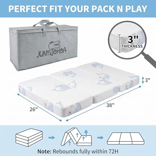 Image of 3-Inch Pack and Play Mattress Topper, CertiPUR-US Certified Dual Sided Memory Foam Crib Mattress (38x26), Firm Side for Baby Spinal Support, Plush Side for Toddlers, Breathable Washable Cover