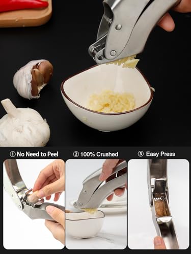 SimCoker Premium Garlic Press, Heavy Duty Garlic Press,Professional Garlic Mincer, No Need To Peel, Easy to Clean, Ergonomic Handle,304 Stainless Steel, Garlic Crusher 5 Year Warranty