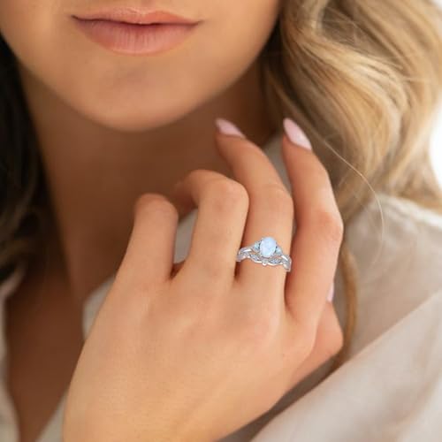 3 Stone Oval-Cut Natural Opal Engagement Rings Sets for Women,925 Sterling Silver Split Shank Moissanite Wedding Rings Sets,Bridal Ring Sets for Anniversary Birthday2