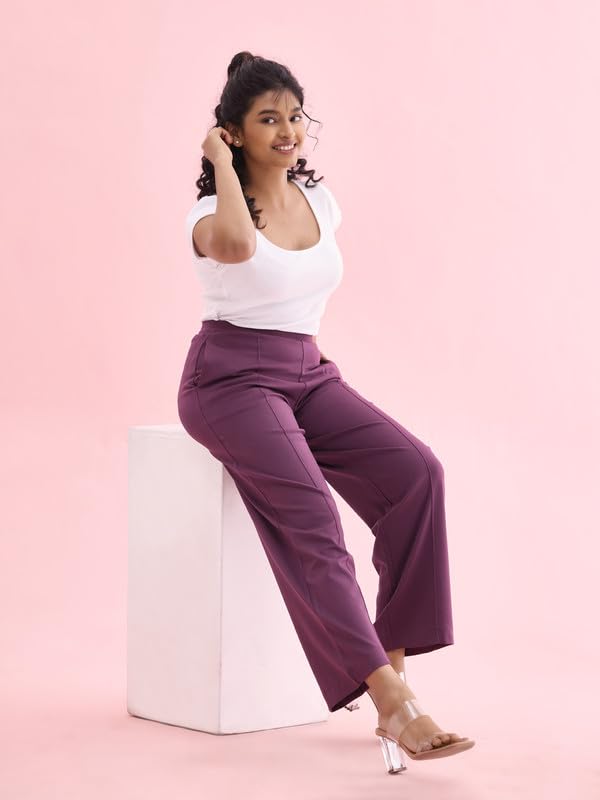 Image of GO COLORS Stretch Rayon Blend Ponte Wide Pants Full Length for Women| Breathable, High Rise