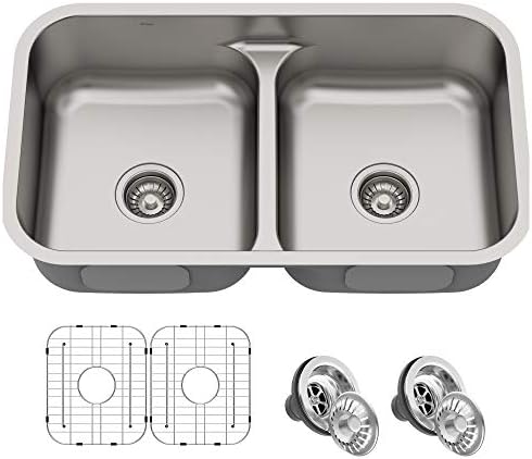 KRAUS KBU32 Premier 32-inch 16 Gauge Undermount 50/50 Double Bowl Kitchen Sink with Smart Low Divider